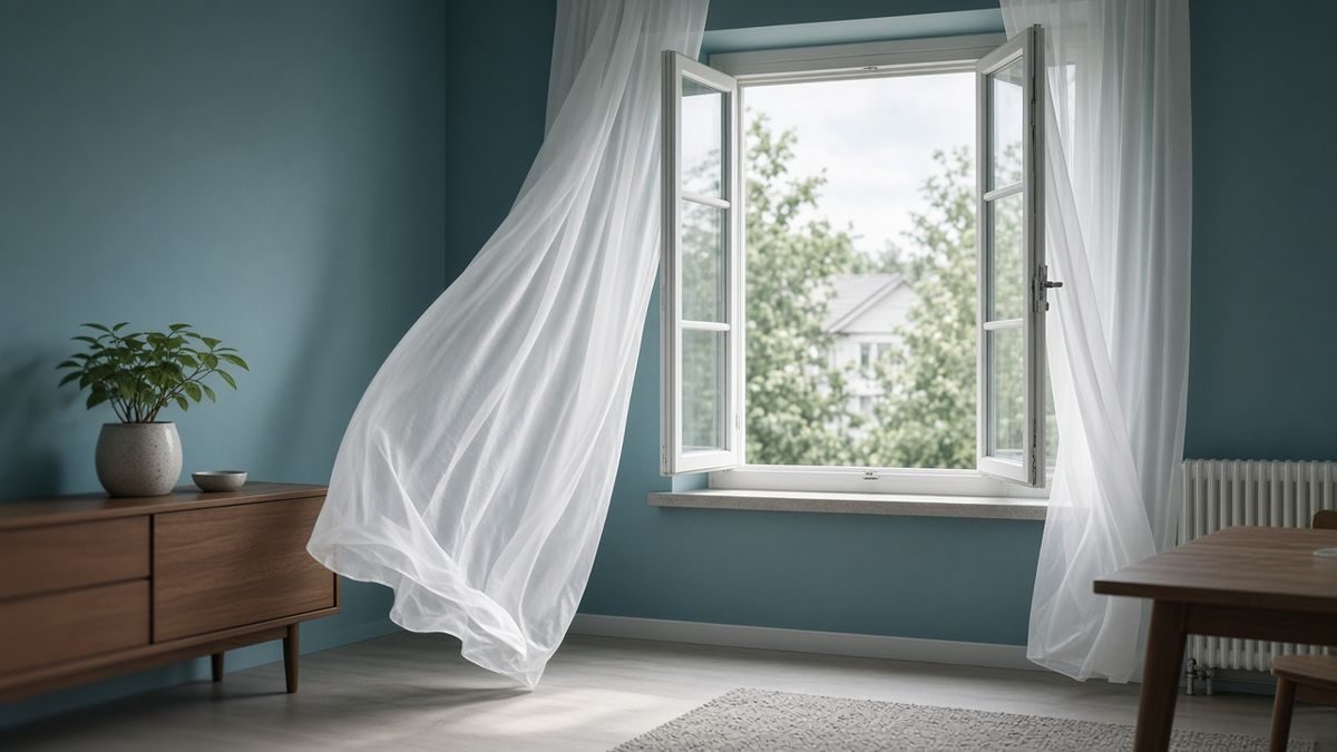Geöffnetes Fenster mit bewegten Vorhängen — Symbol für Lüften und Übertragungsweg