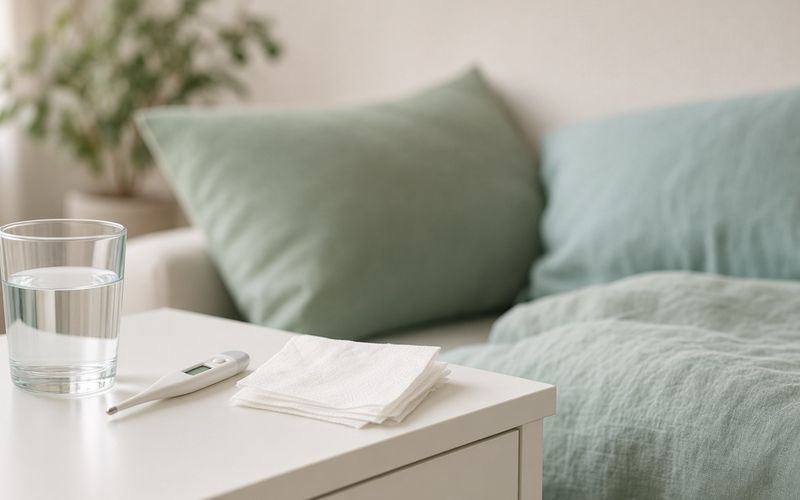 Digitales Fieberthermometer neben Wasserglas und Taschentüchern auf dem Nachttisch
