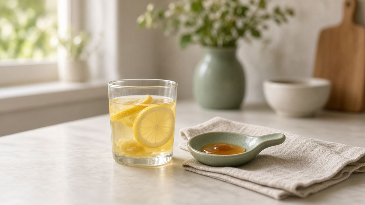 Glas mit Zitronenwasser und Honiglöffel auf der Küchenzeile — Unterstützung bei Halsschmerzen