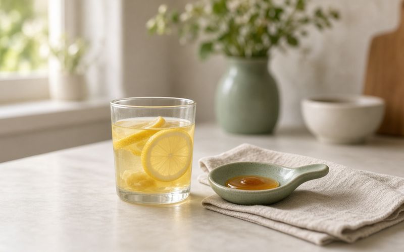 Glas mit Zitronenwasser und Honiglöffel auf der Küchenzeile — Unterstützung bei Halsschmerzen