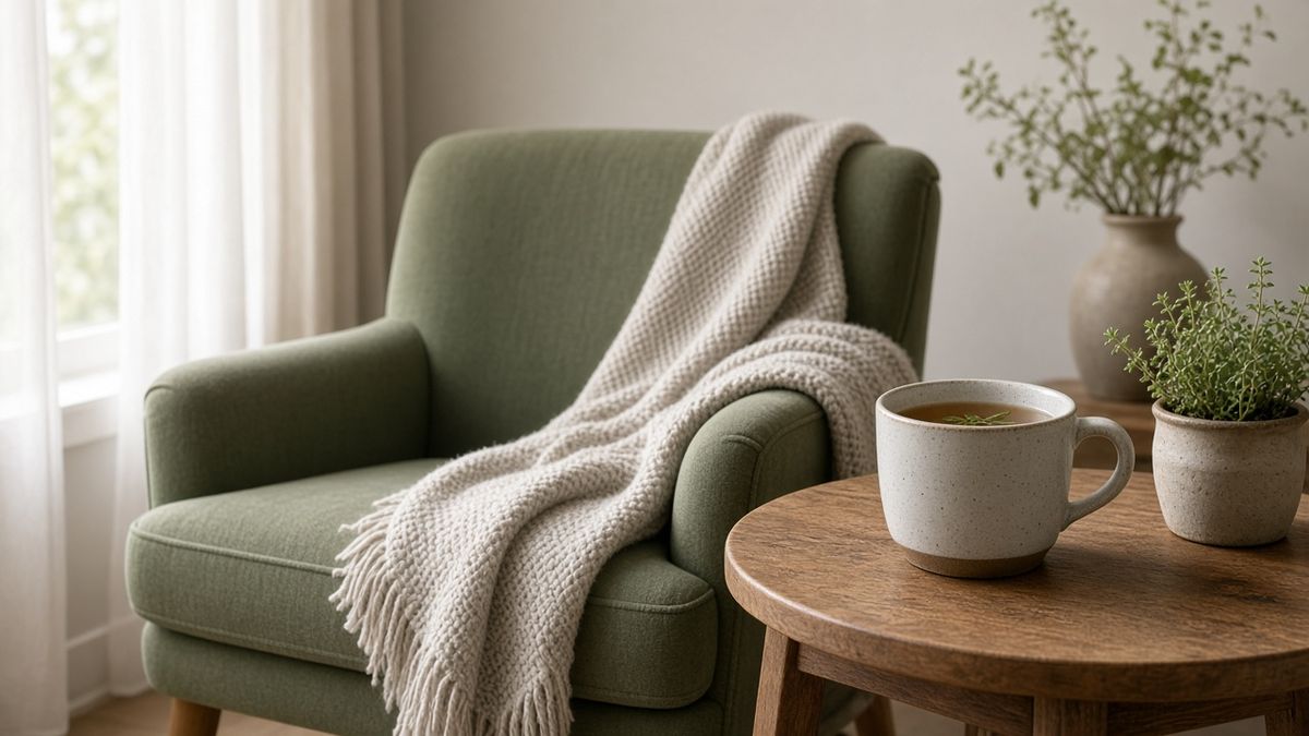 Kräutertee und gestrickte Decke am Sessel im Morgenlicht — ruhige Szene bei Hustenreiz