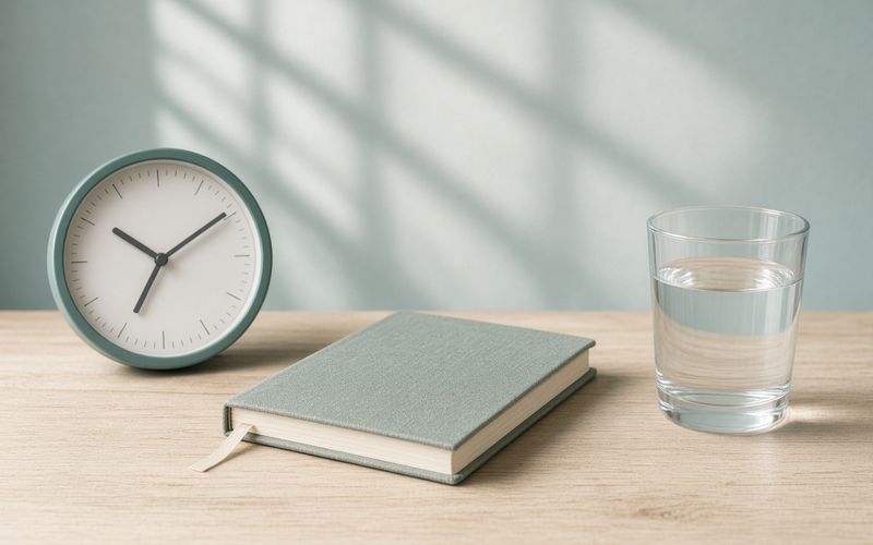 Uhr, Notizbuch und Wasserglas — Symbol für die Inkubationszeit vor ersten Symptomen