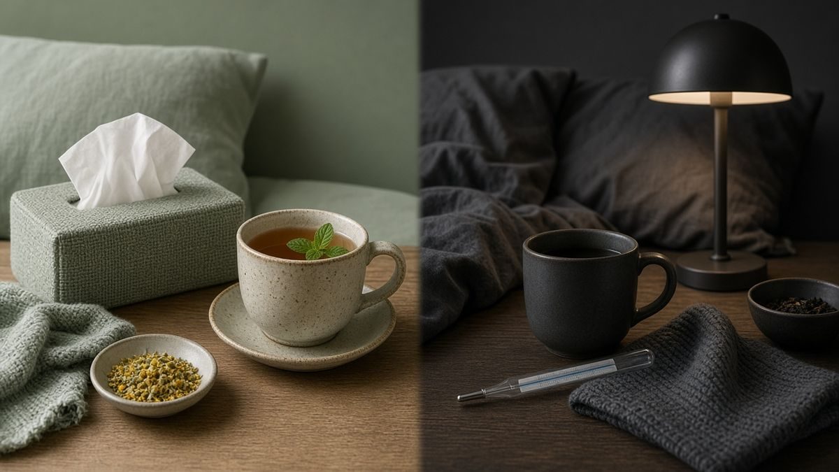 Zwei unterschiedliche Nachttisch-Szenen nebeneinander — mildere Erkältung versus schwerere Grippe-Atmosphäre
