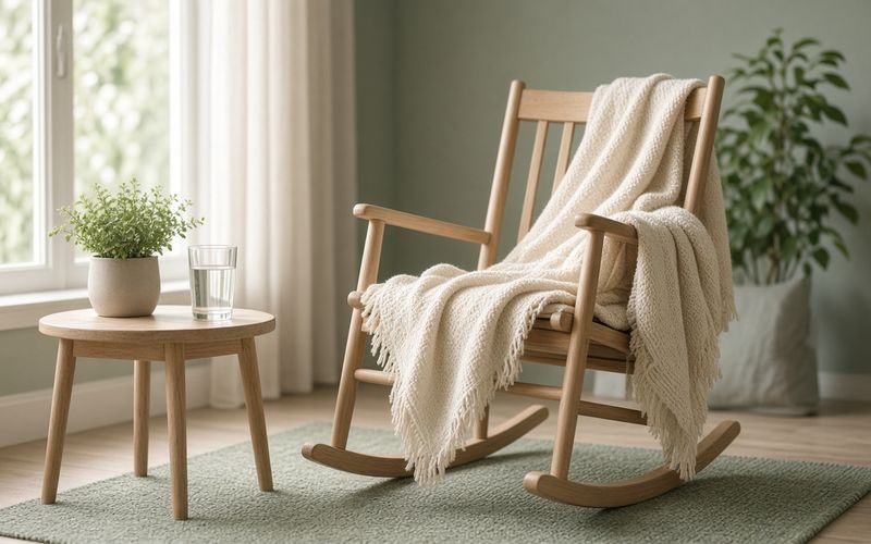 Leerer Holzschaukelstuhl mit heller Decke am Fenster — ruhige Erholungsszene in der Schwangerschaft