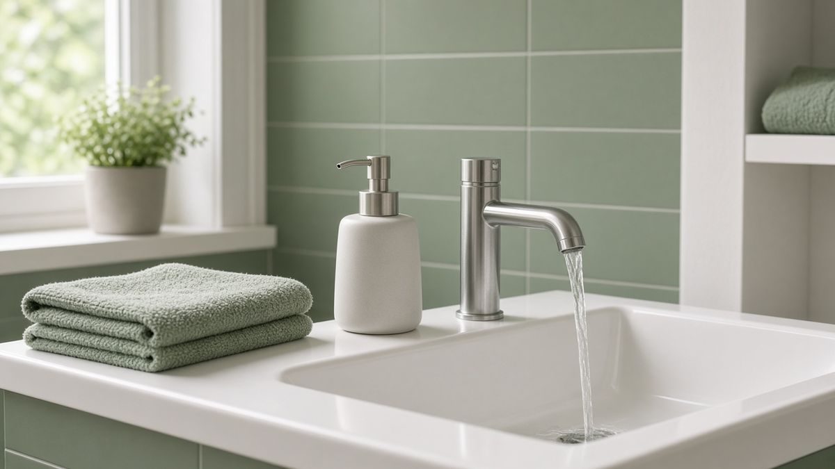 Waschbecken mit Seife und fließendem Wasser — Händehygiene zur Vorbeugung