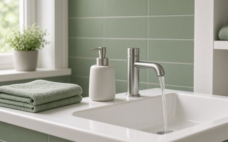 Waschbecken mit Seife und fließendem Wasser — Händehygiene zur Vorbeugung