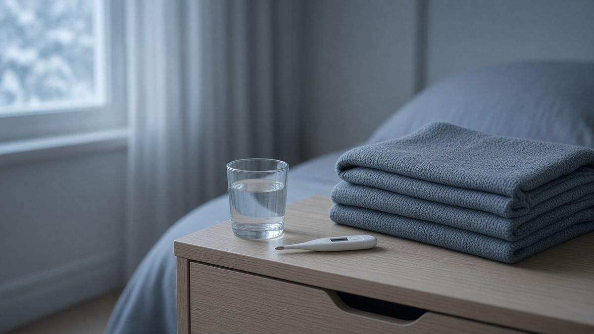 Fieberthermometer und Wasserglas auf dem Nachttisch — Grippe-Symptome
