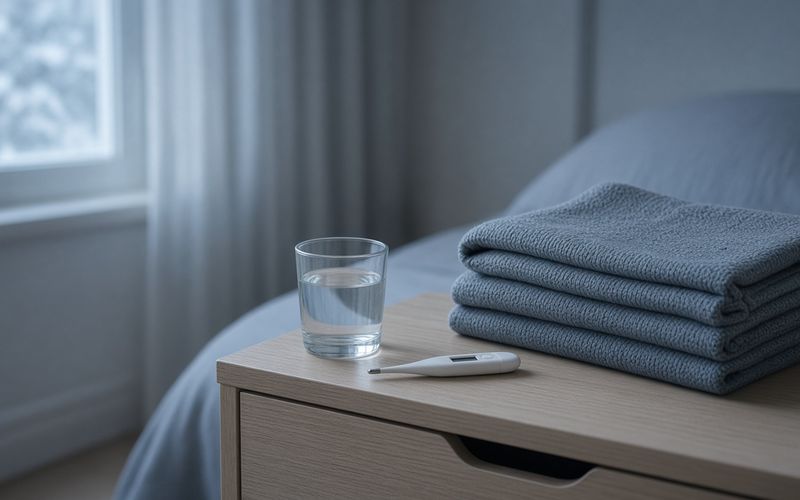 Fieberthermometer und Wasserglas auf dem Nachttisch — Grippe-Symptome